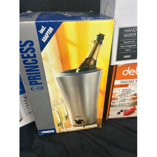 145 - Selection of brand new boxed kitchen items includes  Pancake maker, Wine cooler etc