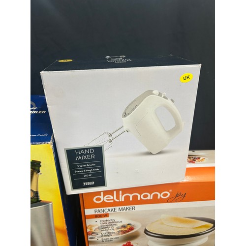 145 - Selection of brand new boxed kitchen items includes  Pancake maker, Wine cooler etc