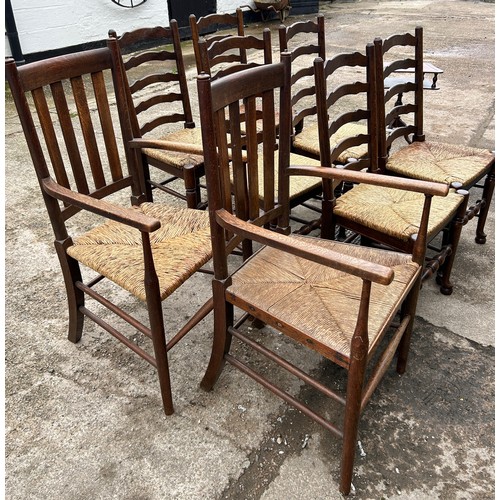 244 - Set 6 Oak and Straw dining chairs, 2 oak and straw carvers (do not match the set of 6)