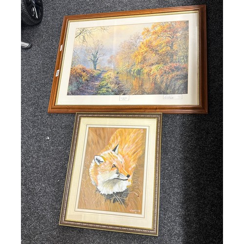 228 - Two mahogany framed pictures depicting various scenes largest measures approx 34 inches wide x 24 ta... 