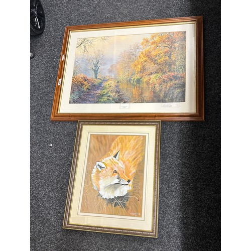 228 - Two mahogany framed pictures depicting various scenes largest measures approx 34 inches wide x 24 ta... 