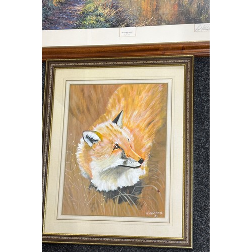 228 - Two mahogany framed pictures depicting various scenes largest measures approx 34 inches wide x 24 ta... 