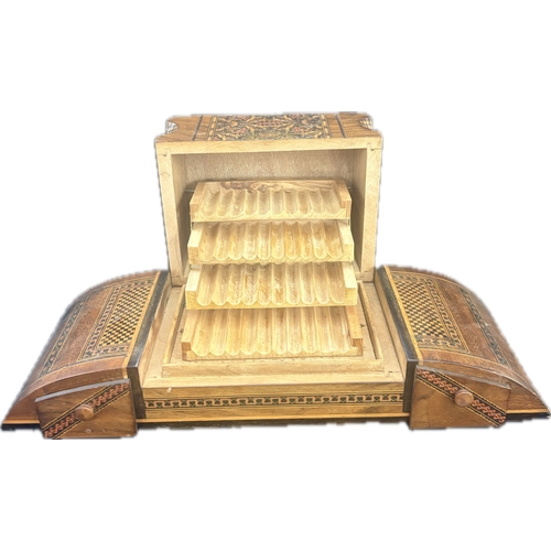 Tunbridge ware musical cigarette dispenser, approximate measurements:  Length 13.5 inches