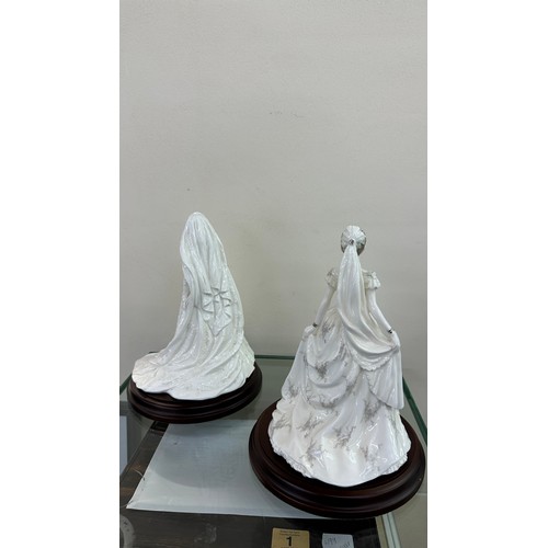 585 - Two Coalport lady bride figurines ' The Queen' and ' Queen Mary' both on wooden plinths, approximate... 