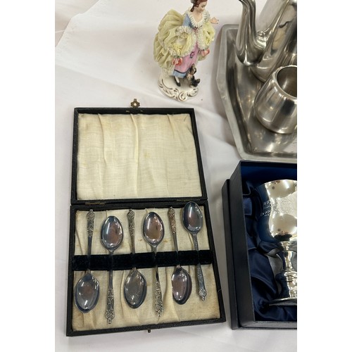 123 - Selection of miscellaneous to include  a stainless steel tea set, porcelain items, Nao, LLadro etc
