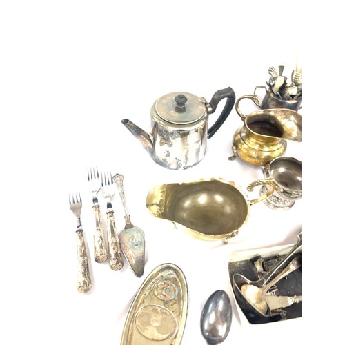 114 - Selection of silver plated items includes cutlery, teapot etc