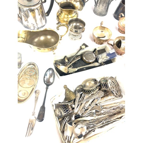114 - Selection of silver plated items includes cutlery, teapot etc