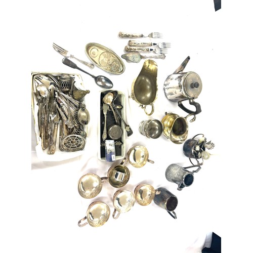 114 - Selection of silver plated items includes cutlery, teapot etc