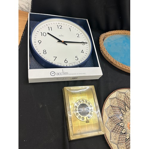 169 - Selection of miscellaneous includes brass wall plaque, key holder, wicker tray etc