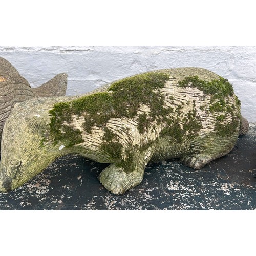 101B - 3 Concrete garden animals, Swan, Squirrel and badger, largest is 12.5 inches tall