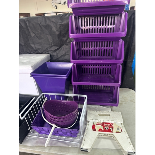 Selection of purple storage racks, bins etc