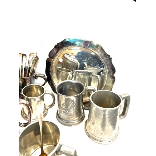 Selection of assorted metalware includes Tankards, tea pot etc
