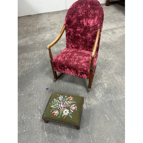 Upholstered rocking chair, tapestry footstool