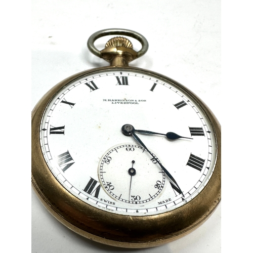 330 - antique / vintage Gold plated m. harrinsons & son   liverpool open face pocket watch the watch winds... 