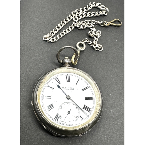 332 - Antique silver open face h.samuel manchester pocket watch and silver chain the watch is ticking