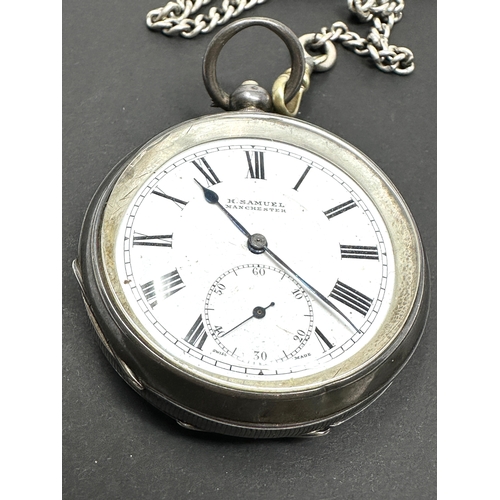 332 - Antique silver open face h.samuel manchester pocket watch and silver chain the watch is ticking