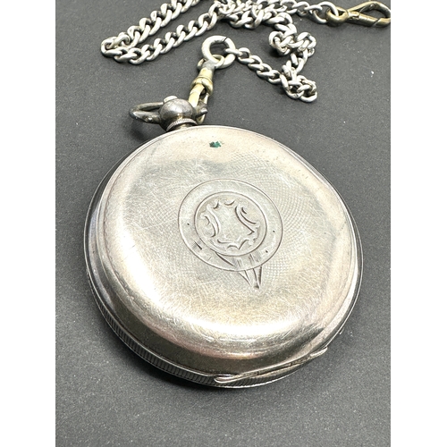 332 - Antique silver open face h.samuel manchester pocket watch and silver chain the watch is ticking