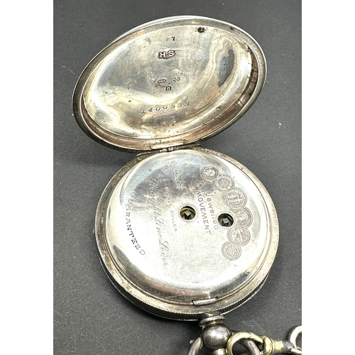 332 - Antique silver open face h.samuel manchester pocket watch and silver chain the watch is ticking
