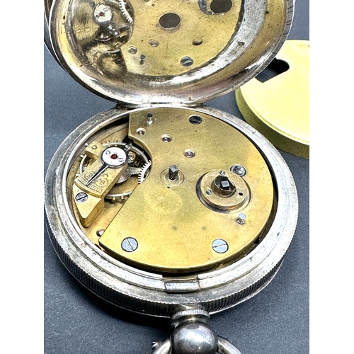 332 - Antique silver open face h.samuel manchester pocket watch and silver chain the watch is ticking