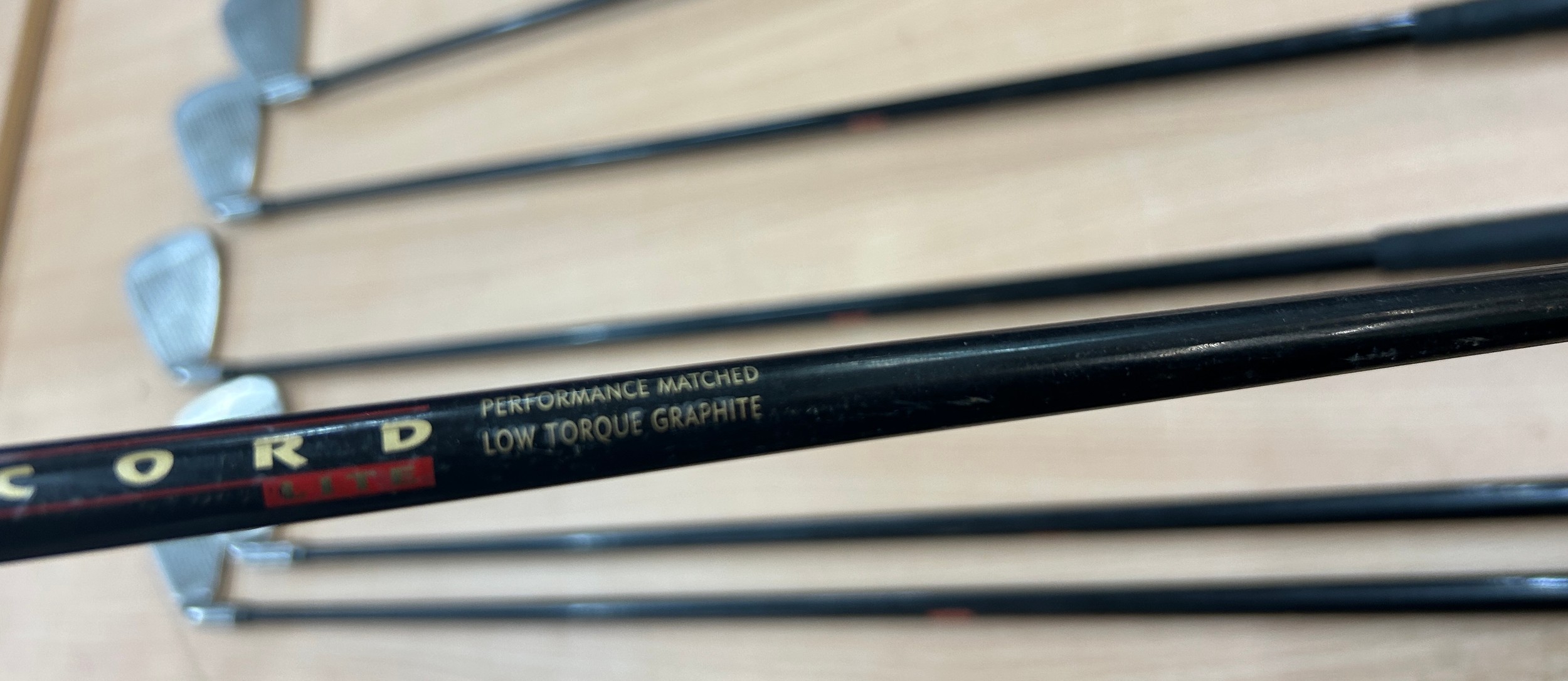 Selection of 7 golf clubs ' Fazer Regular Ripcord', ' Progen Over size'.