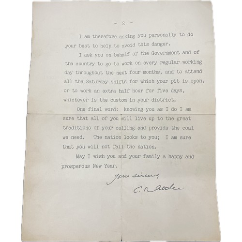 Typed Letter from 10 Downing Street, 11 January 1951 (Clement Attlee ...