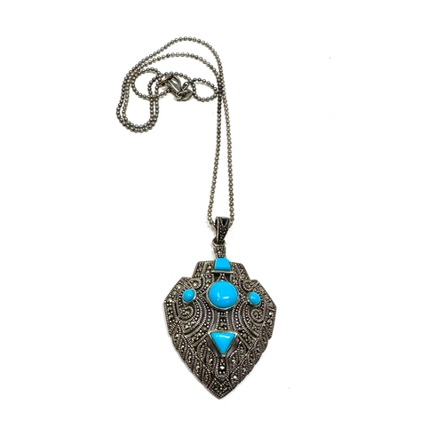 170 - Vintage silver marcasite & turquoise pendant necklace pendant measure approx 5.4cm drop