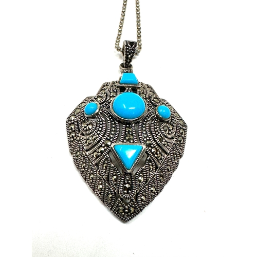 170 - Vintage silver marcasite & turquoise pendant necklace pendant measure approx 5.4cm drop