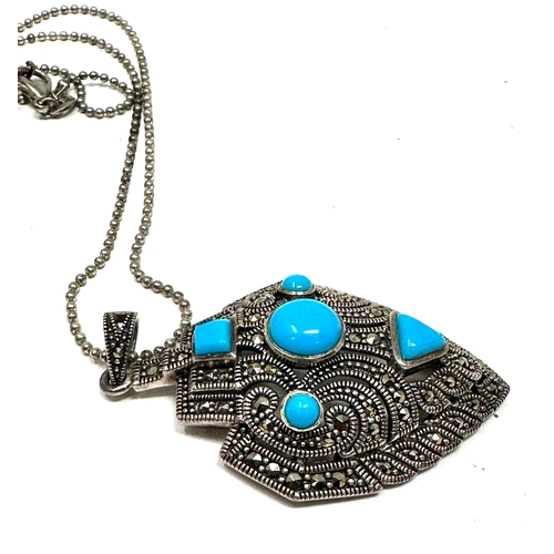170 - Vintage silver marcasite & turquoise pendant necklace pendant measure approx 5.4cm drop