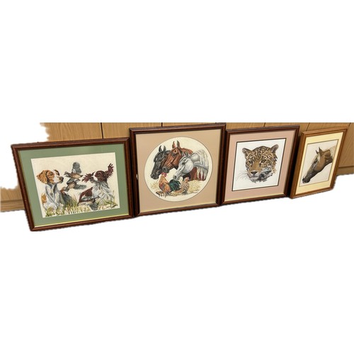 96 - Four framed tapestries depicting animals, dogs, horses, etc largest measures approximately 21 inches... 