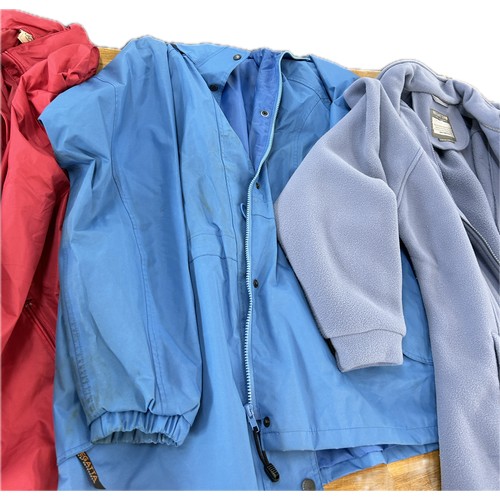 127 - Selection of coats and fleeces gents and women, mainly size 18, XL, L and various styles and colours