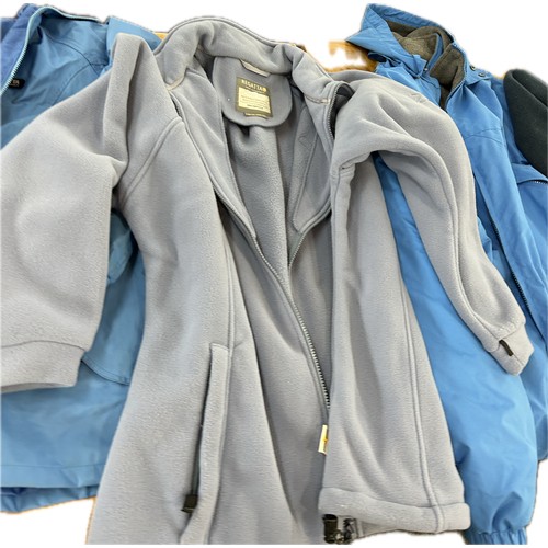 127 - Selection of coats and fleeces gents and women, mainly size 18, XL, L and various styles and colours