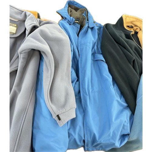 127 - Selection of coats and fleeces gents and women, mainly size 18, XL, L and various styles and colours