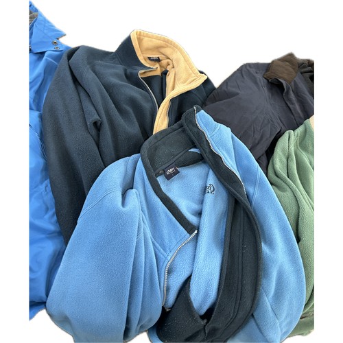 127 - Selection of coats and fleeces gents and women, mainly size 18, XL, L and various styles and colours