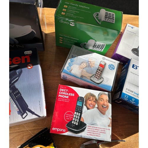 124 - Selection of boxed electrical items to include a bladeless fan, fan heaters, landline phones, body m... 
