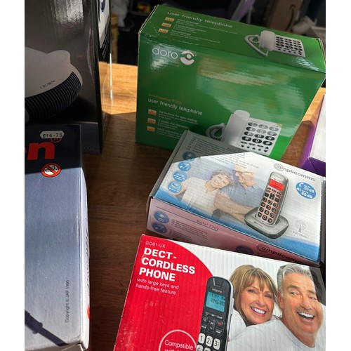 124 - Selection of boxed electrical items to include a bladeless fan, fan heaters, landline phones, body m... 