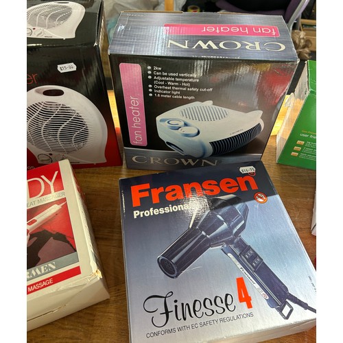 124 - Selection of boxed electrical items to include a bladeless fan, fan heaters, landline phones, body m... 