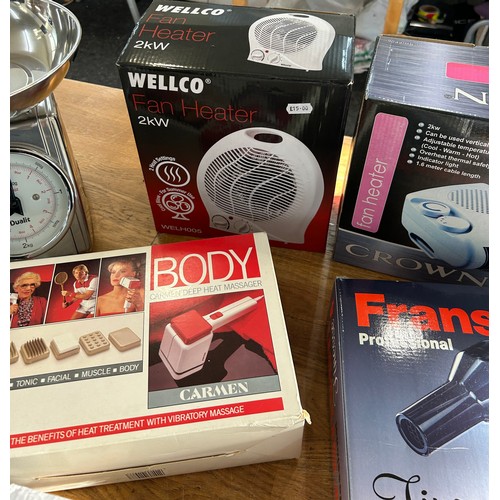 124 - Selection of boxed electrical items to include a bladeless fan, fan heaters, landline phones, body m... 