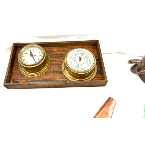 141 - Selection of metalware to include brass and copper ware to include kettles, barometer, enamel mincer... 