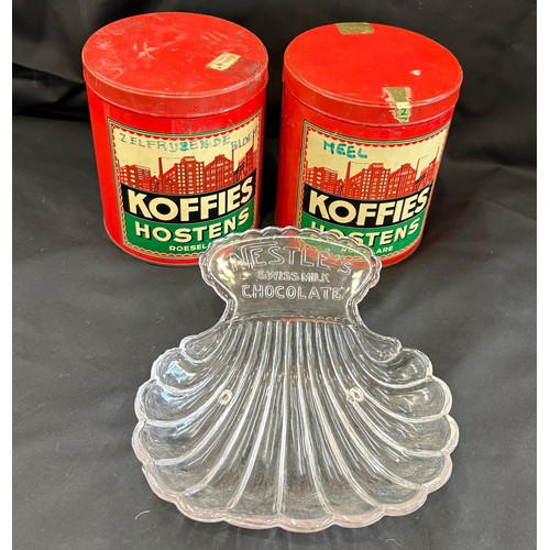 62 - Three vintage advertising pieces to Koffies Hostens lidded tins and a Nestle dish