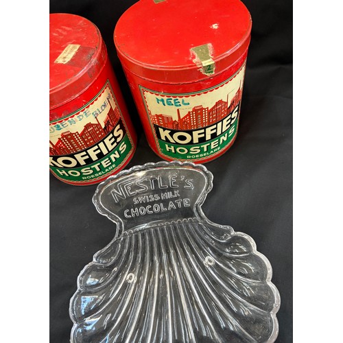 62 - Three vintage advertising pieces to Koffies Hostens lidded tins and a Nestle dish