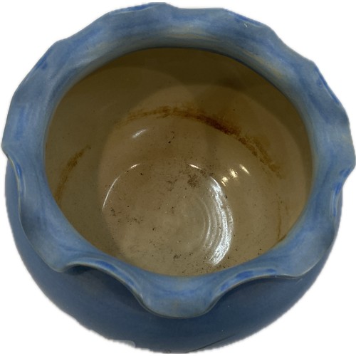Vintage blue ceramic pot with ruffled rim, hand painted with a water ...