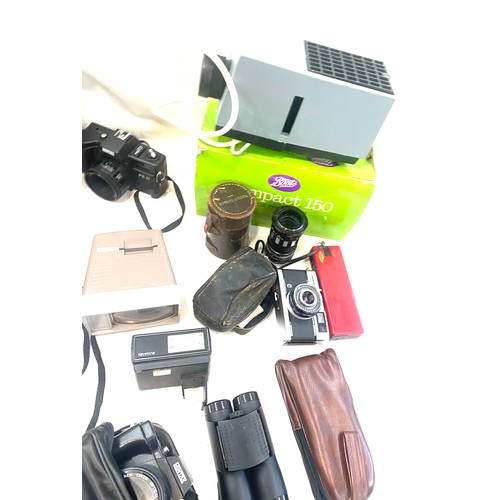 87 - Selection of vintage cameras and lens, binoculars to include Mintax PB 852 camera, Olympus trip 35 c... 