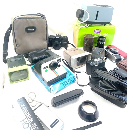 87 - Selection of vintage cameras and lens, binoculars to include Mintax PB 852 camera, Olympus trip 35 c... 