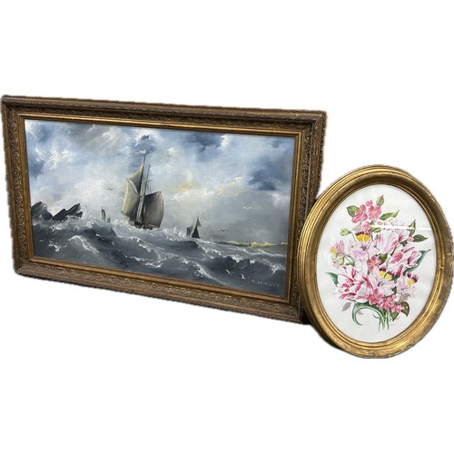 68 - Gilt framed oil on board depicting a sail boat at sea, signed and an original painting depicting a f... 
