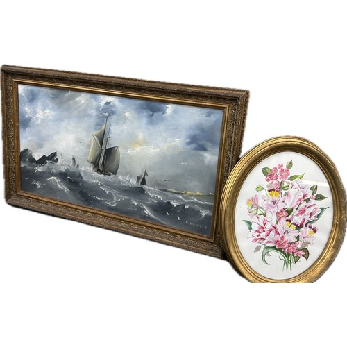 68 - Gilt framed oil on board depicting a sail boat at sea, signed and an original painting depicting a f... 