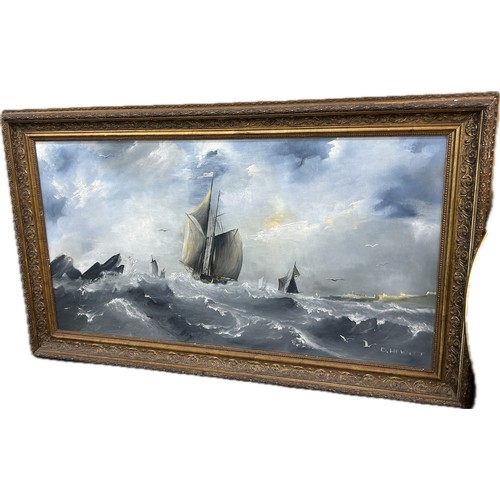 68 - Gilt framed oil on board depicting a sail boat at sea, signed and an original painting depicting a f... 