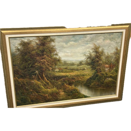 100C - Vintage gilt framed original painting depicting a landscape scene measures approximately 30 inches t... 