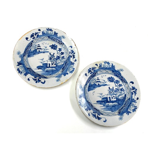 85 - Pair of antique English Delft pottery plates measures approximately 8 inches diameter