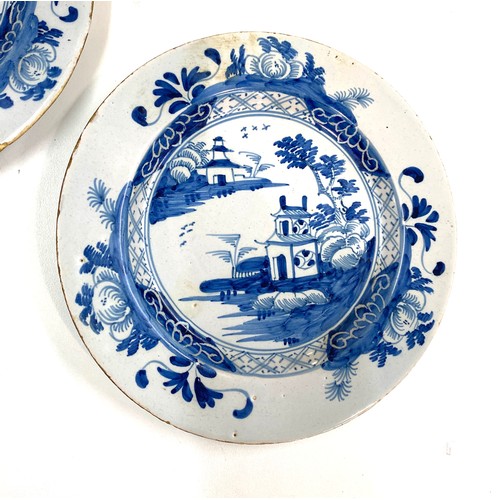 85 - Pair of antique English Delft pottery plates measures approximately 8 inches diameter