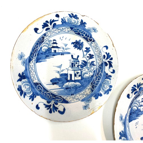 85 - Pair of antique English Delft pottery plates measures approximately 8 inches diameter